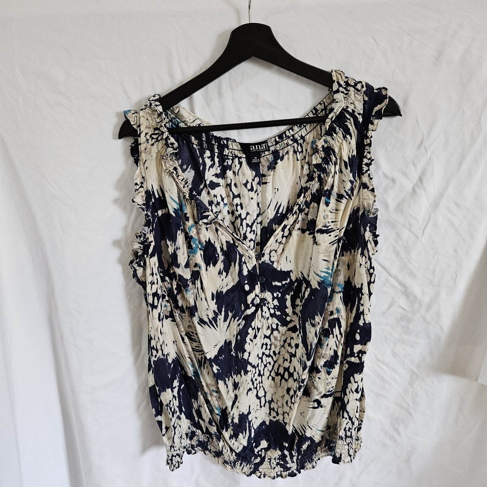 a.n.a Woman Womens 1X Boho Abstract Print Sleeveless Top Smocked Hem Ruffle